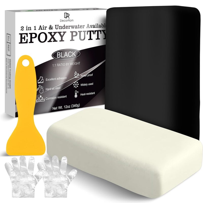 DecorRom Epoxy Putty - 12oz 2 Part Strong Formula, Ceramic Repair for Cracks, Filling & Epoxy Sculpt - for Metal, Concrete, Plastic, Ceramics - Fast, Durable Concrete Crack Repair & Plumbers Putty (Black) - Image 1
